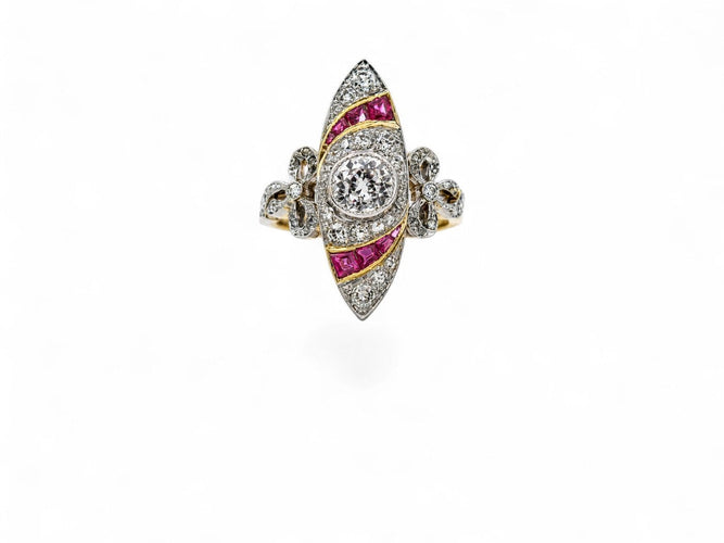 Bague 51 Bague marquise Art Nouveau en or et platine, diamants et saphirs 58 Facettes fba