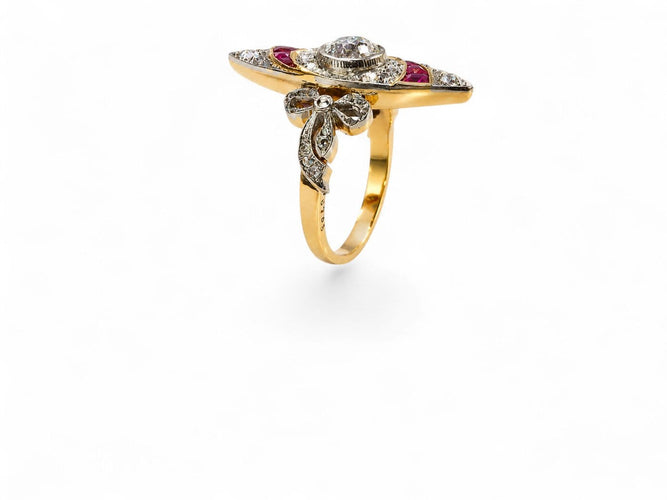Bague 51 Bague marquise Art Nouveau en or et platine, diamants et saphirs 58 Facettes fba