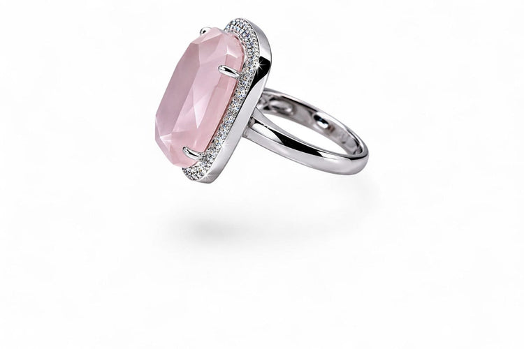 Bague 53 Rosalia Impériale - Bague en or blanc, quartz rose et diamants 58 Facettes fbr