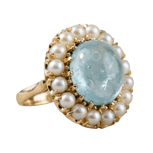 Bague 53.5 Bague vintage en or jaune 585 avec aigue-marine et perles 58 Facettes 1996
