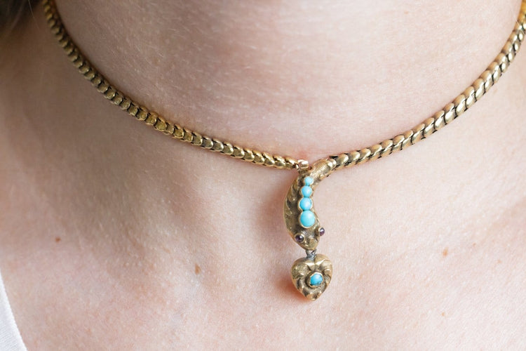 Collier Collier victorien en or jaune, turquoises et grenats 58 Facettes 11623