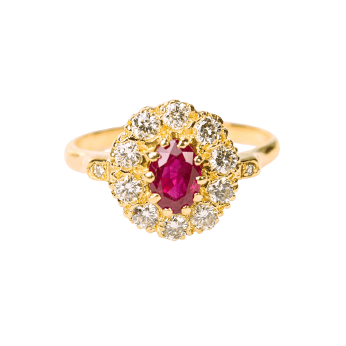 Bague 59 Bague marguerite vintage en or jaune, rubis ovale et diamants 58 Facettes LMB-361