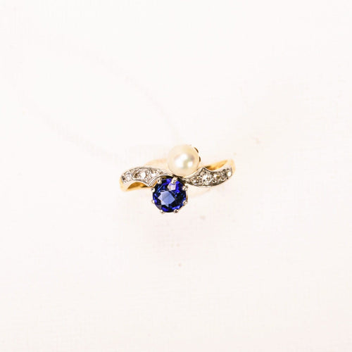 Bague 52 Bague Toi & Moi ancienne en platine, or jaune, perle et saphir 58 Facettes LMB-366