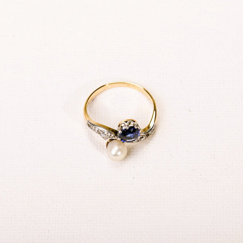 Bague 52 Bague Toi & Moi ancienne en platine, or jaune, perle et saphir 58 Facettes LMB-366