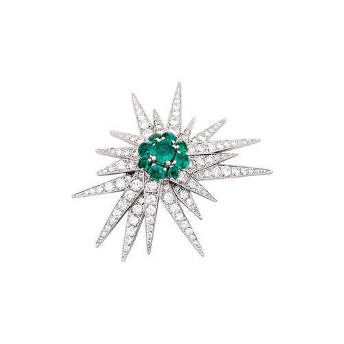 Broche Étoile - Broche en or blanc, platine, émeraudes et diamants 58 Facettes 35766