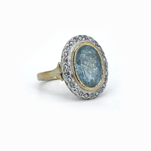 Bague 50 Bague entourage en or jaune 18 carats, aigue-marine et diamants 58 Facettes Bague 131-1