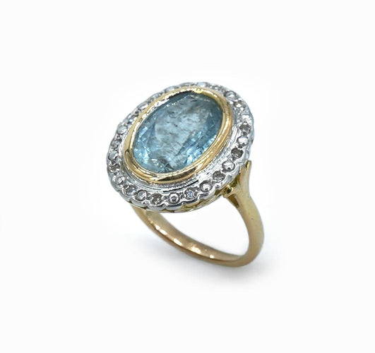 Bague 50 Bague entourage en or jaune 18 carats, aigue-marine et diamants 58 Facettes Bague 131-1