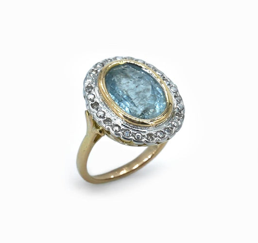 Bague 50 Bague entourage en or jaune 18 carats, aigue-marine et diamants 58 Facettes Bague 131-1