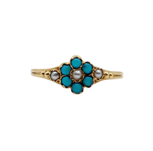Bague 59 Bague marguerite antique en or 18k, turquoises et perles 58 Facettes A07504