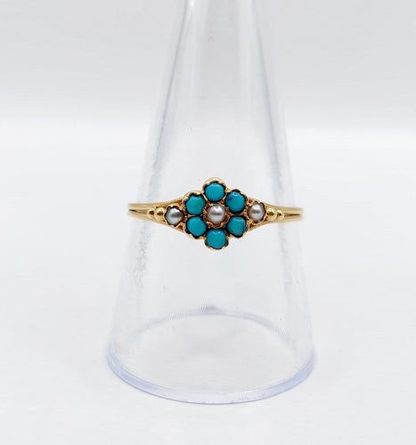 Bague 59 Bague marguerite antique en or 18k, turquoises et perles 58 Facettes A07504