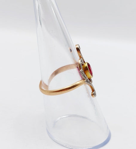 Bague 54 Bague marquise antique en or rose 18k, pierre rouge et diamants 58 Facettes A07524