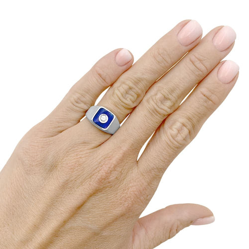 Bague 52 Bague en or blanc, émail bleu et diamant 58 Facettes 35753