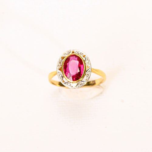 Bague 55.5 Bague ancienne en or jaune, platine, rubis synthétique et diamants 58 Facettes LMB-356