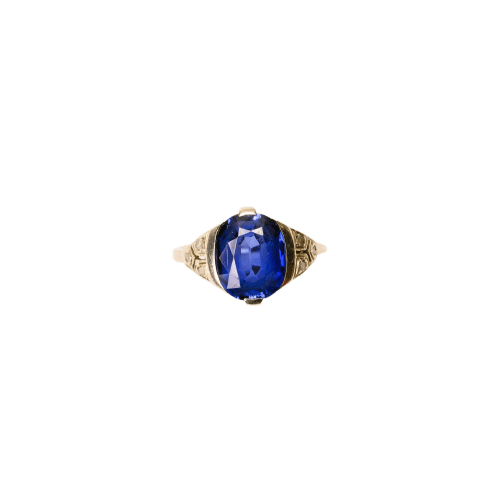 Art Déco - Bague en or blanc, saphir synthétique et diamants