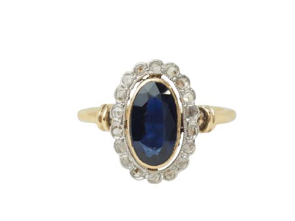 Bague Pompadour en or jaune, saphir de Verneuil et diamants