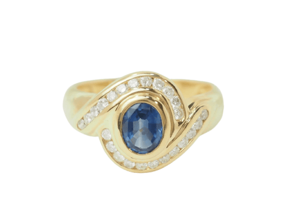 Bague en or jaune, saphir ovale et diamants