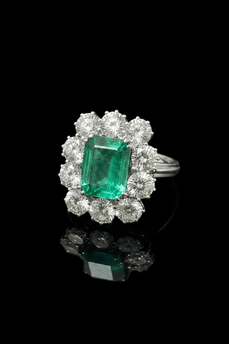 Bague 55 Margherita - Bague en or blanc avec émeraude colombienne et diamants 58 Facettes