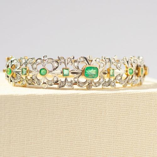 Bracelet Art déco - Bracelet en or jaune 750, émeraudes et diamants taille rose 58 Facettes
