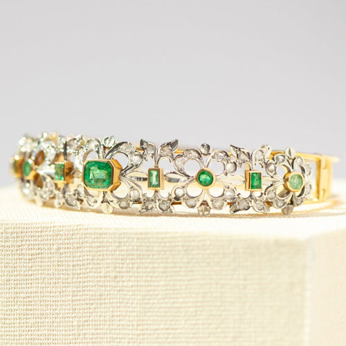 Bracelet Art déco - Bracelet en or jaune 750, émeraudes et diamants taille rose 58 Facettes