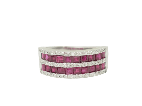 Bague 51 Bague en or blanc avec rubis calibrés et diamants 58 Facettes 33787