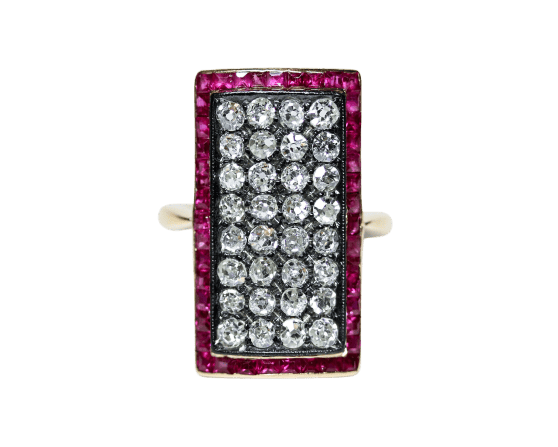 Bague 49 Bague Art déco rectangulaire en or jaune 750, diamants et rubis Verneuil 58 Facettes A12204