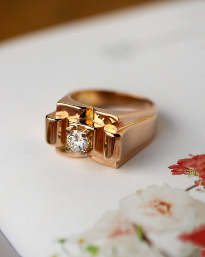 Bague 54.5 Bague Tank Solitaire en or rose 750 millièmes avec diamant taille ancienne 58 Facettes A12094