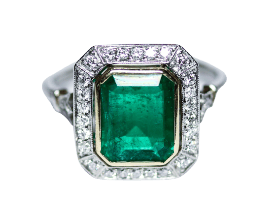 Bague 57.5 Bague Art déco émeraude et diamants, or jaune 750 et platine 58 Facettes A12166