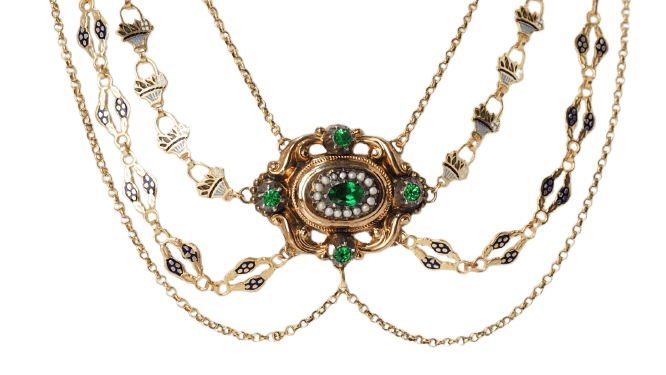 Collier Collier esclave en or jaune émaillé, pierres vertes et perles 58 Facettes 32174