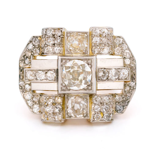 58 Bague plaque géométrique rétro en or jaune 18k, platine et diamants 58 Facettes A4F65C224C8A4F5F969A6C561F2E79AA
