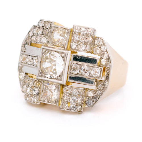 58 Bague plaque géométrique rétro en or jaune 18k, platine et diamants 58 Facettes A4F65C224C8A4F5F969A6C561F2E79AA