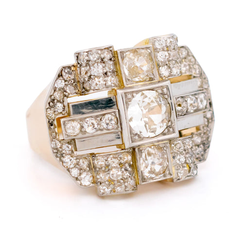 58 Bague plaque géométrique rétro en or jaune 18k, platine et diamants 58 Facettes A4F65C224C8A4F5F969A6C561F2E79AA