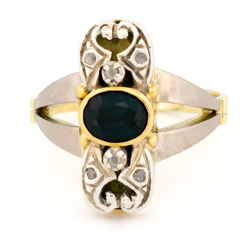 Bague 56 Bague Art déco en or jaune et blanc 14k, saphir et diamants taille rose 58 Facettes CEF12668139F47BAB5765912EA1DCAE0