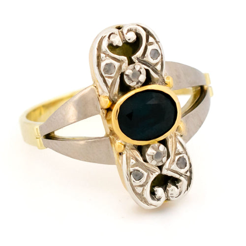 Bague 56 Bague Art déco en or jaune et blanc 14k, saphir et diamants taille rose 58 Facettes CEF12668139F47BAB5765912EA1DCAE0