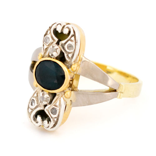 Bague 56 Bague Art déco en or jaune et blanc 14k, saphir et diamants taille rose 58 Facettes CEF12668139F47BAB5765912EA1DCAE0