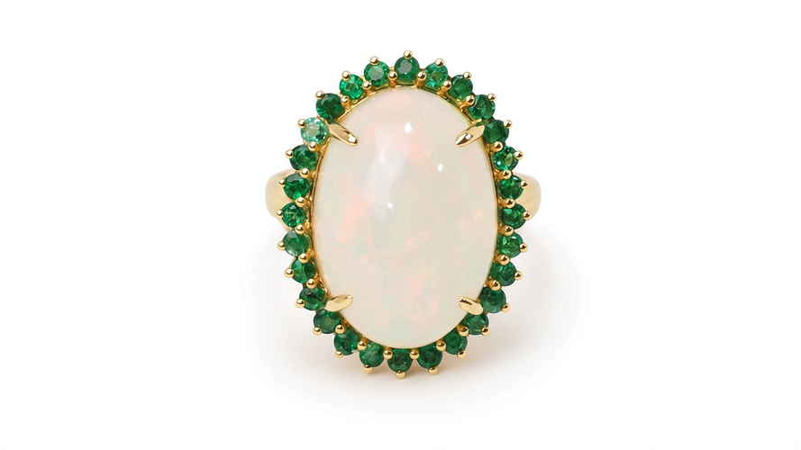 Bague 54 Bague vintage en or jaune, opale cabochon et émeraudes 58 Facettes 32639