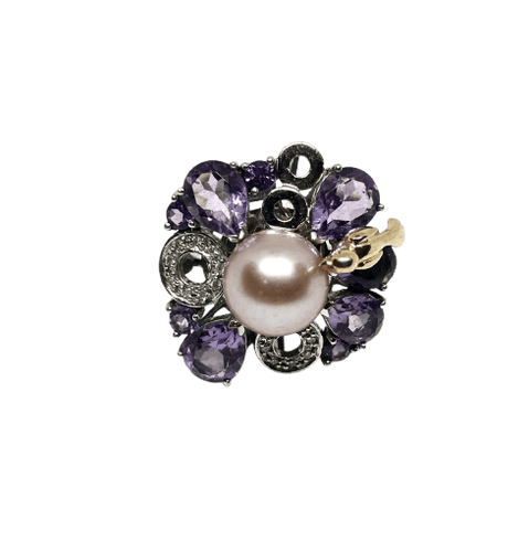Bague 54 Rambaud Pie - Bague en or blanc, perle rose, améthystes et diamants 58 Facettes Rambaud