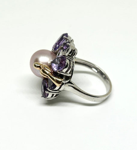 Bague 54 Rambaud Pie - Bague en or blanc, perle rose, améthystes et diamants 58 Facettes Rambaud