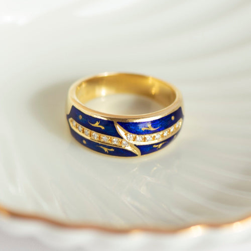 Bague 61.5 Fabergé - Bague en or jaune, émail bleu et diamants 58 Facettes HJ062602
