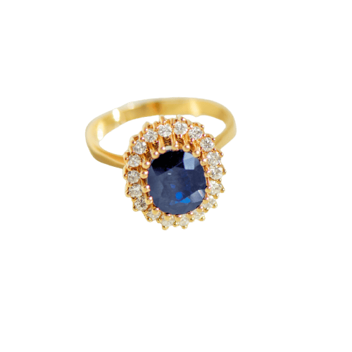 Bague entourage en or jaune 585 avec saphir et diamants