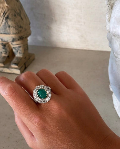 Bague 53 Bague rosette en platine et or avec émeraude et diamants 58 Facettes