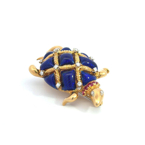 Broche Broche tortue en or 18 carats, émail, diamants et rubis 58 Facettes