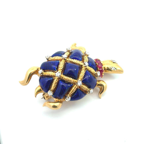 Broche Broche tortue en or 18 carats, émail, diamants et rubis 58 Facettes