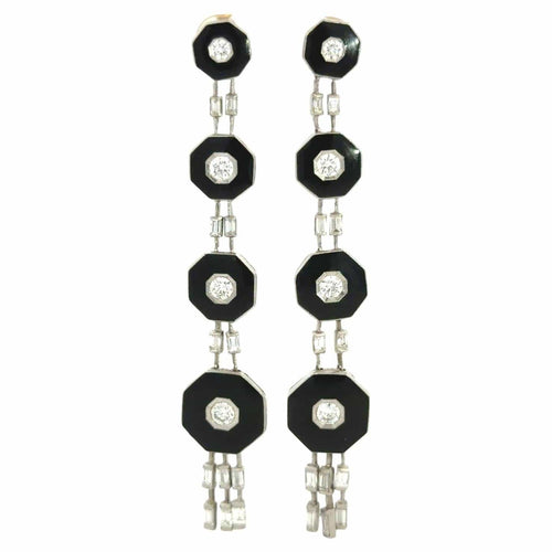 Boucles d'oreilles Art déco - Boucles d'oreilles pendantes en platine, onyx et diamants 58 Facettes