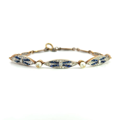 Bracelet Bracelet Art déco en or 18k, platine, diamants, saphirs et perles 58 Facettes