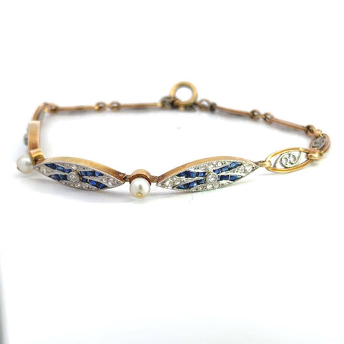 Bracelet Bracelet Art déco en or 18k, platine, diamants, saphirs et perles 58 Facettes