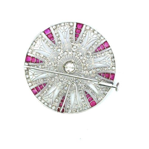 Broche Art déco - Broche ronde en platine, diamants et rubis 58 Facettes