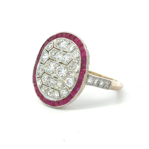 Bague 54 Style Art déco - Bague en or, platine, diamants et rubis 58 Facettes
