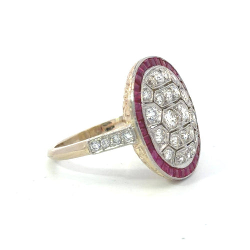 Bague 54 Style Art déco - Bague en or, platine, diamants et rubis 58 Facettes