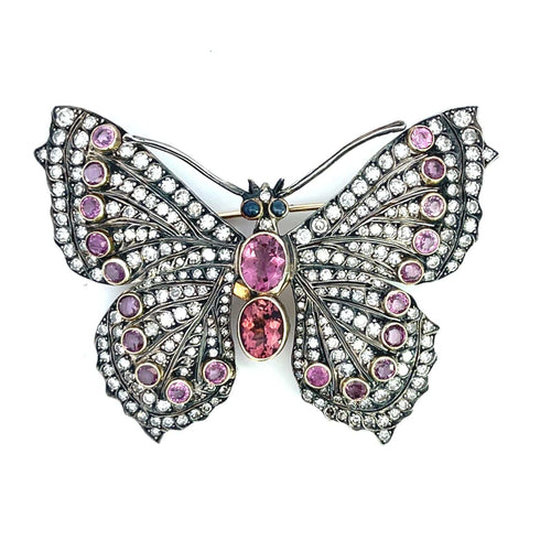 Broche Broche papillon en argent et or, diamants et tourmalines 58 Facettes