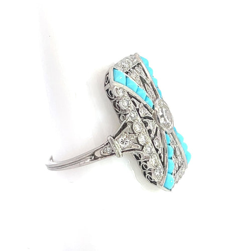 Bague 56 Style Art déco - Bague en platine avec diamants et turquoise 58 Facettes